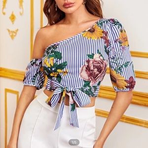 Asymmetrical Neck Tie Front Floral and Striped Top